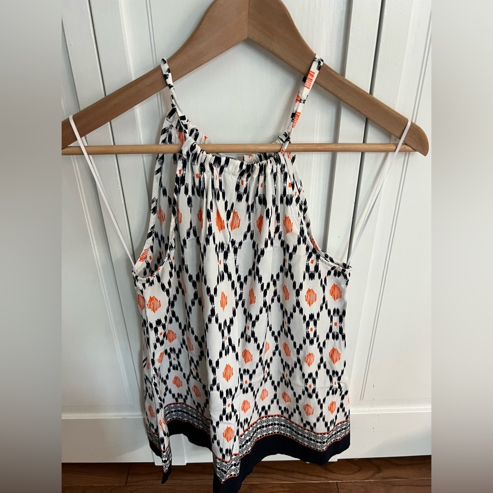Crown & Ivy ikat print tank top with blue and orange detail. Size small.